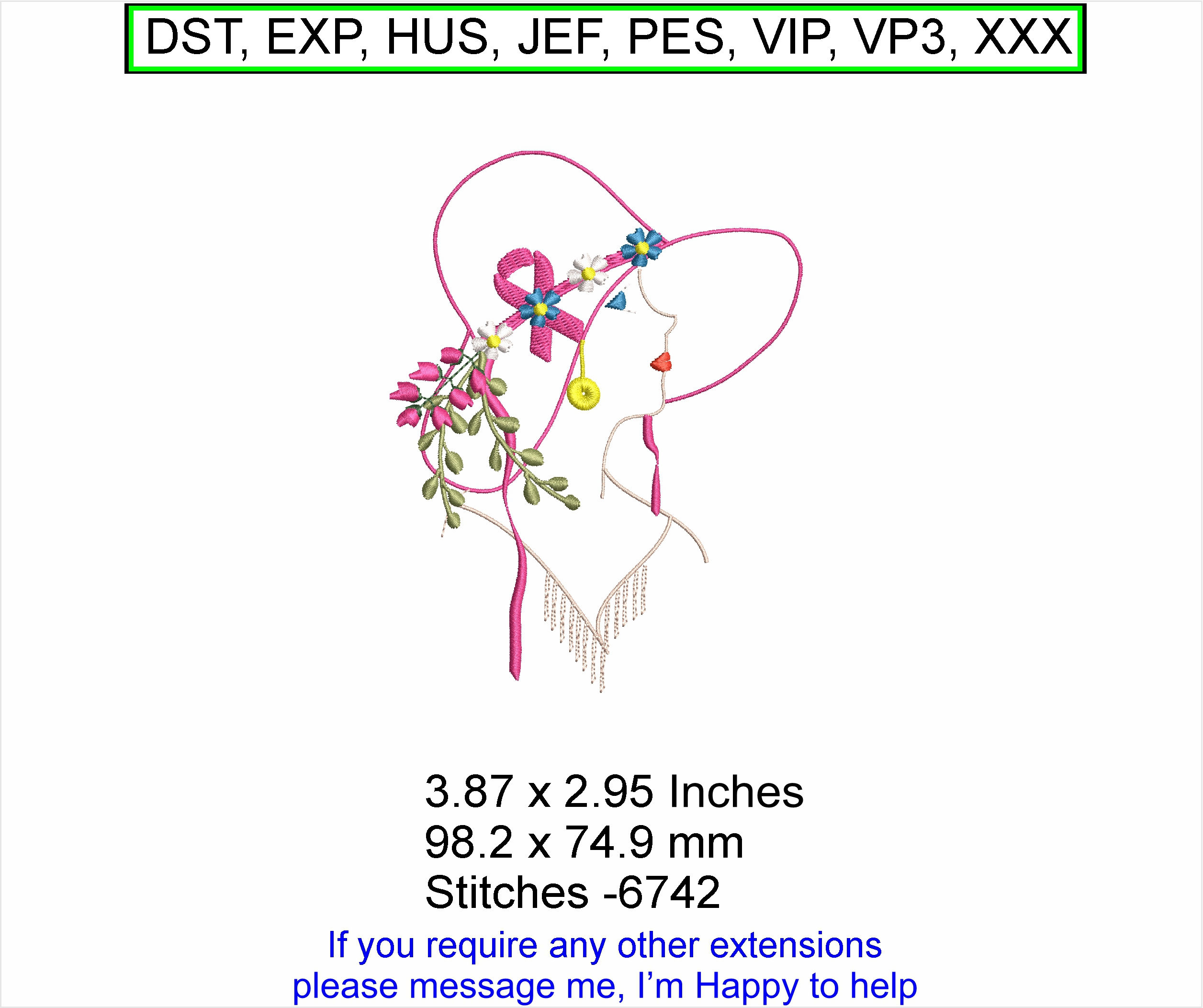 Lady in Hat with Cancer Ribbon retro abstract Machine Embroidery Hoop Design