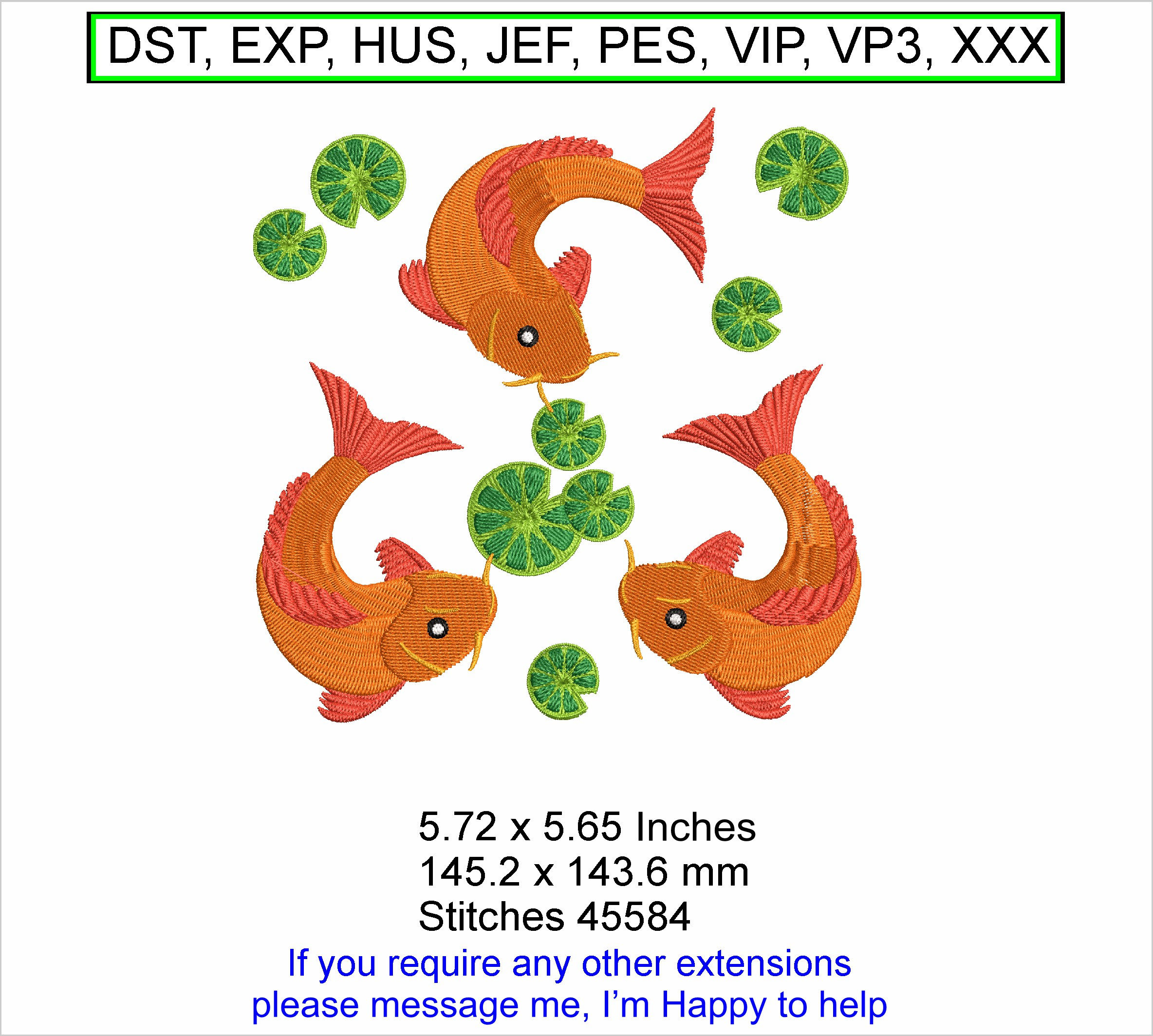 3 Koi Fish - Size 5.72 x 5.65 Inches - Machine Embroidery Hoop Design