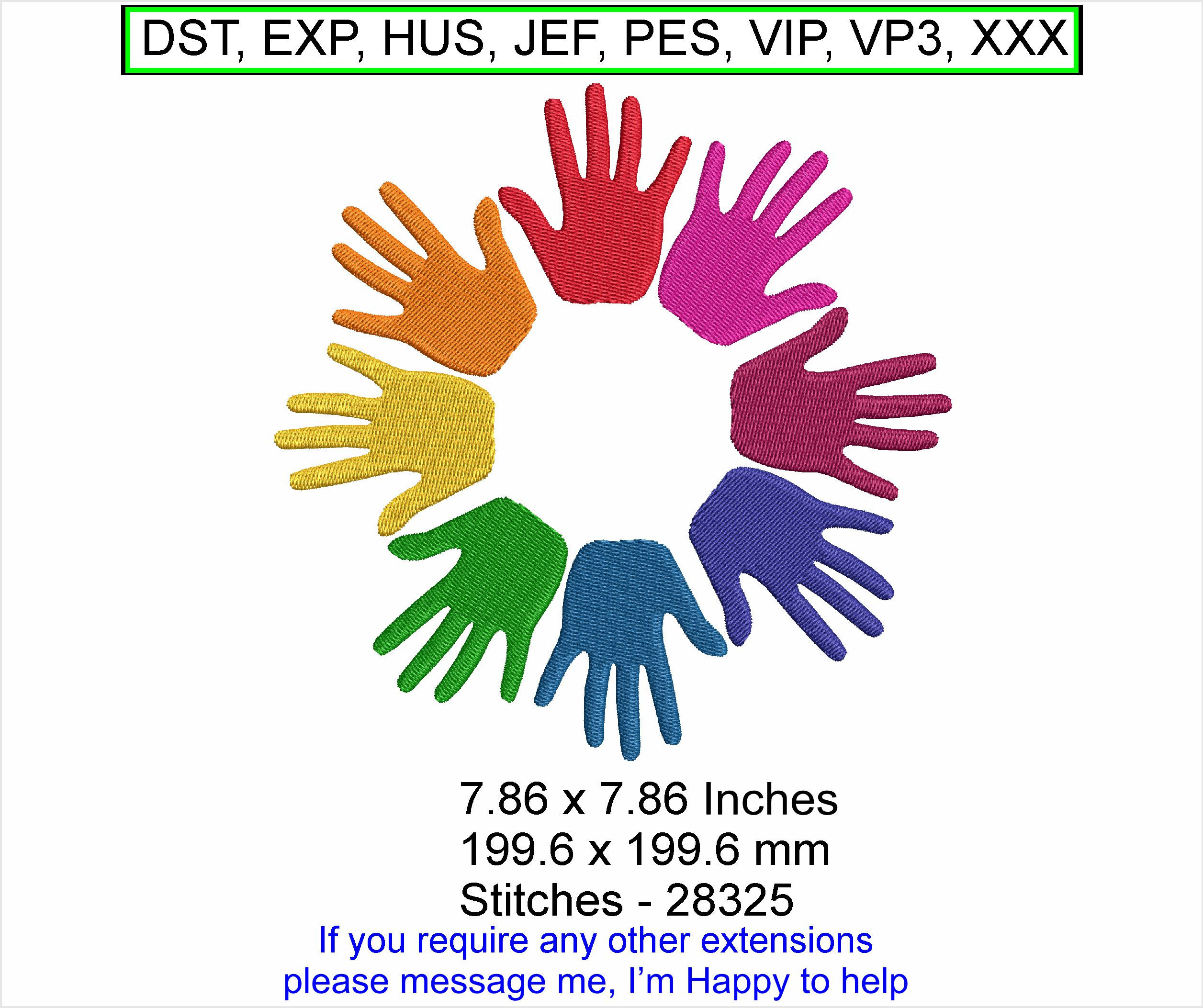 8 Rainbow Hands circle with heart - Large - Machine Embroidery Hoop Design ITH