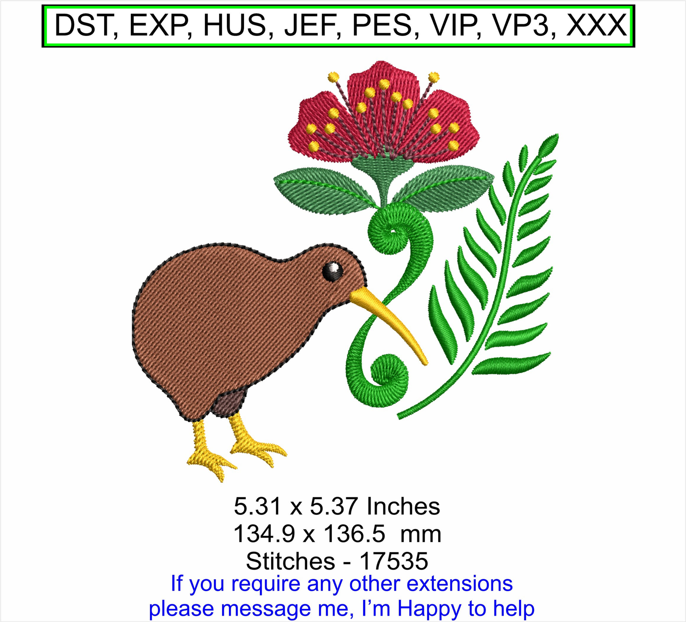 ITH NZ Brown Kiwi Pohutukawa Flower Embroidery Design