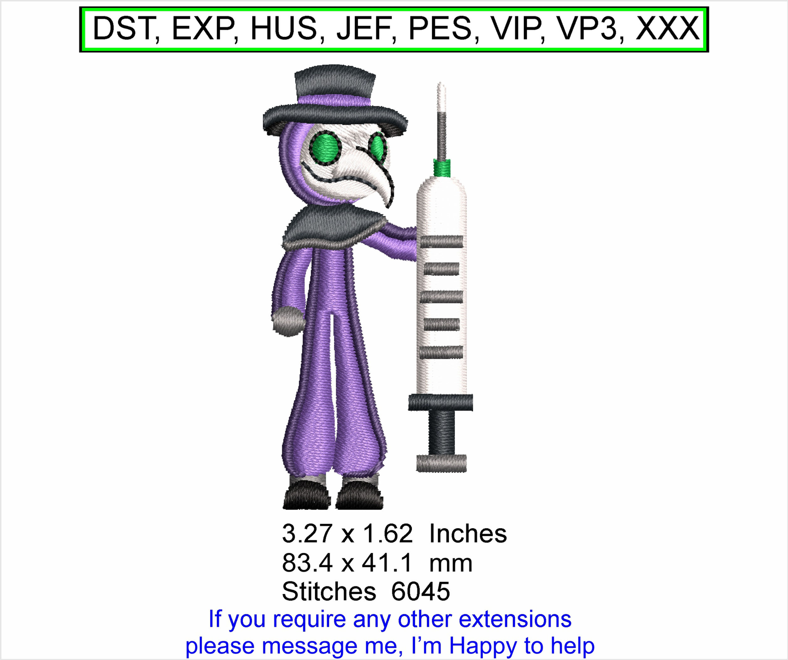 Phantom Plague Doctor with Syringe Medium - Machine Embroidery Hoop Design ITH