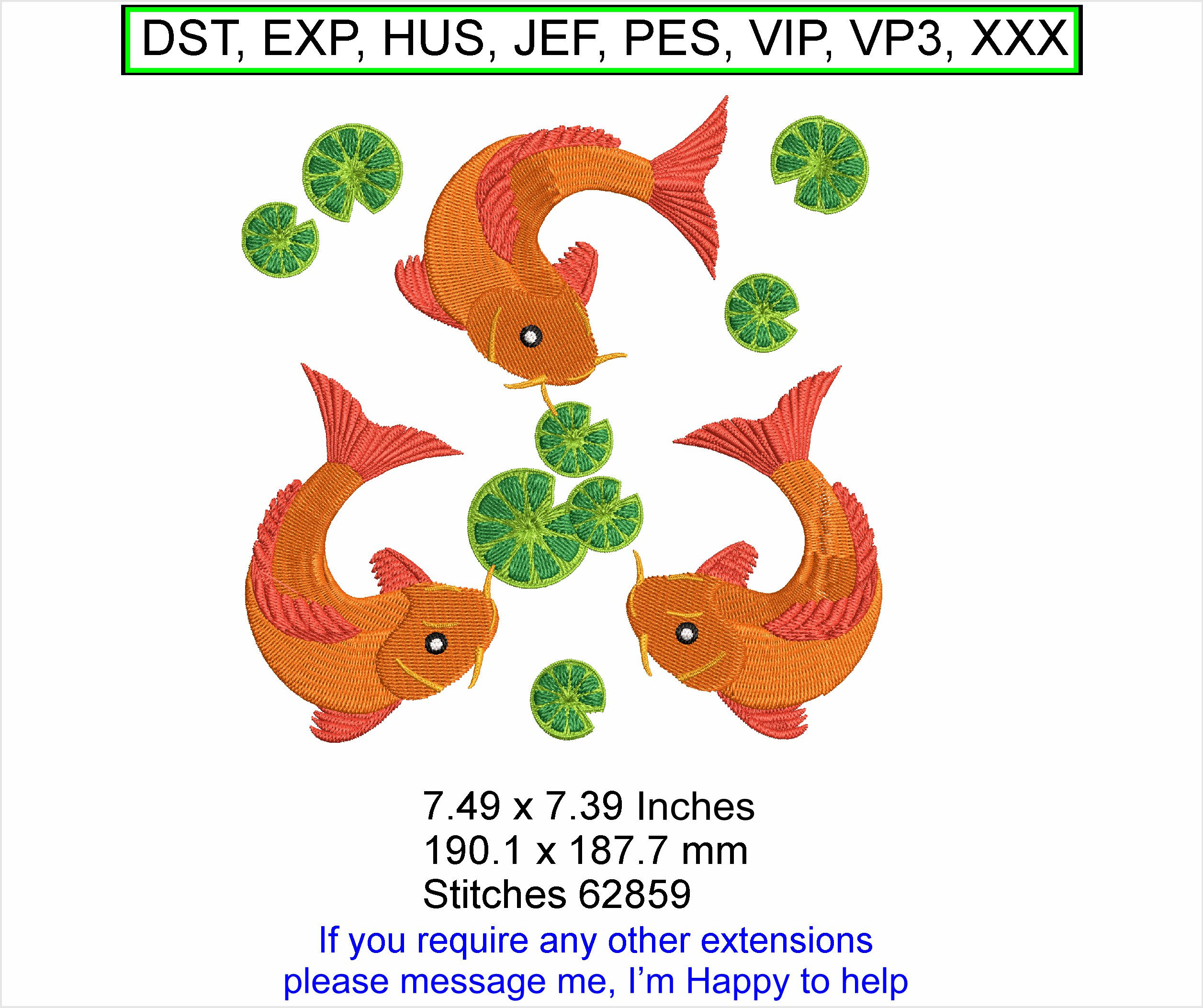 3 Koi Fish - Size 7.49 x 7.39 Inches - Machine Embroidery Hoop Design