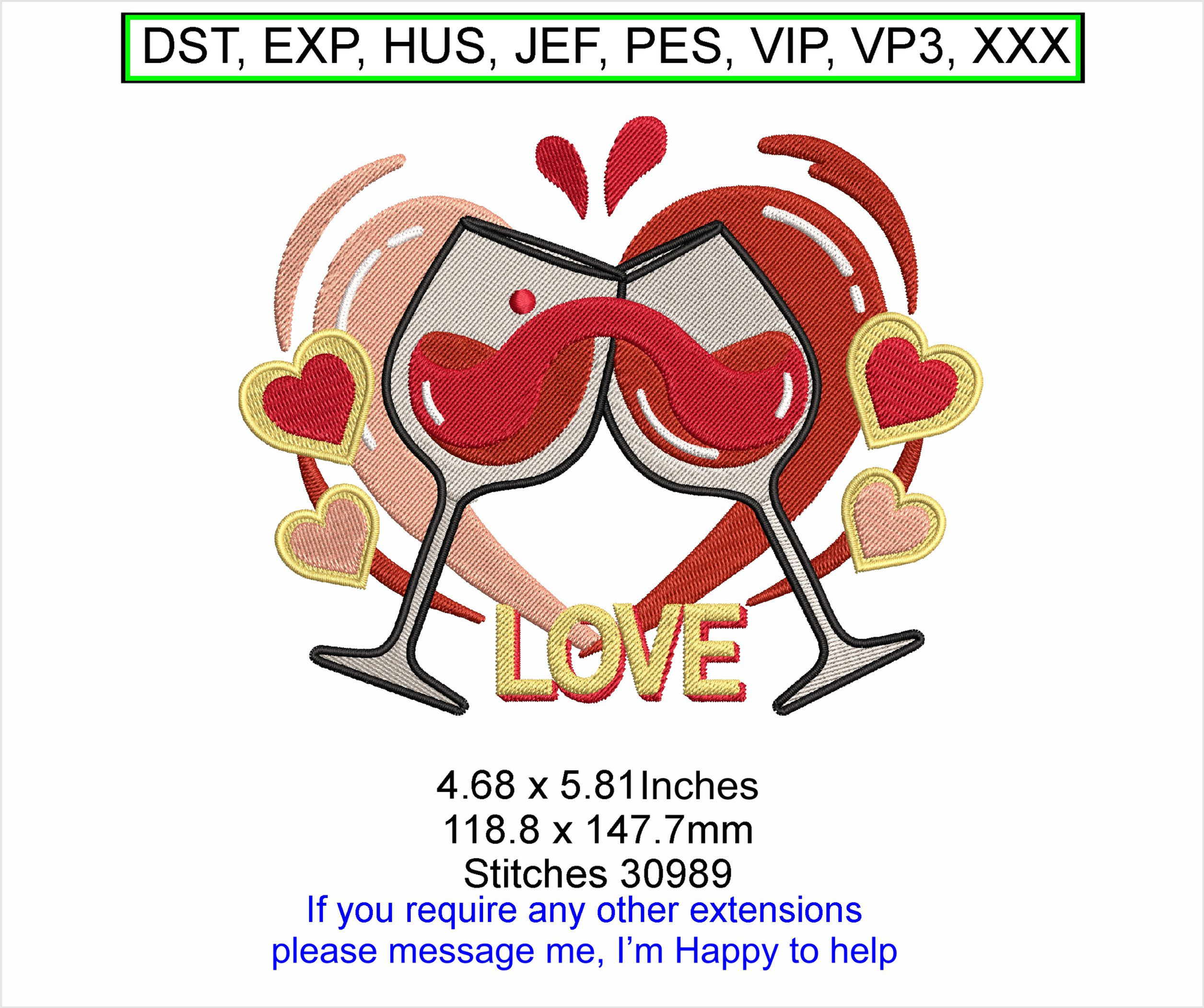 Wine glasses Celebrations Heart 6x6 New Year Machine Embroidery Hoop Design ITH