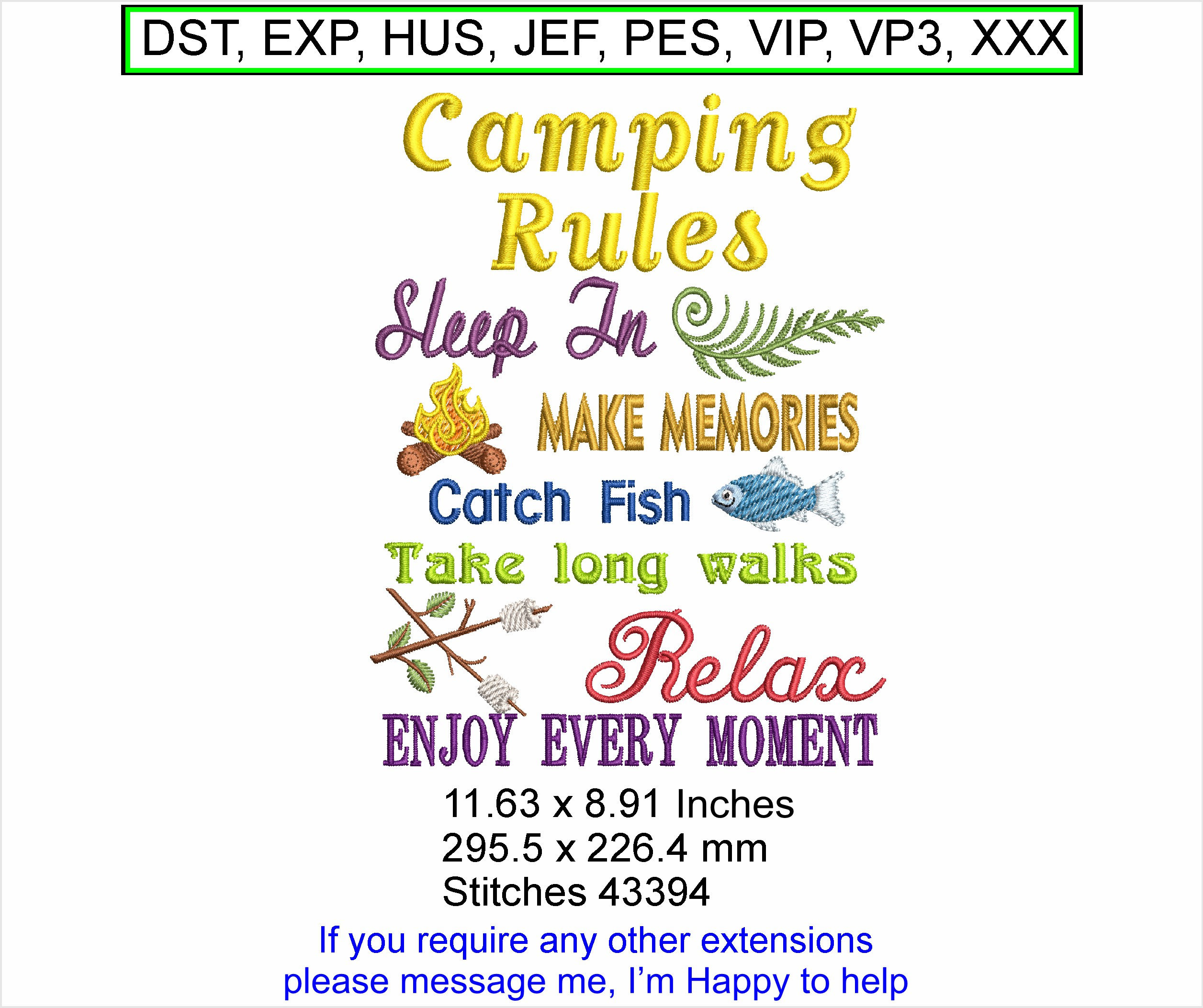 Camping Rules Large - saying words - Machine Embroidery Hoop Design - Digita