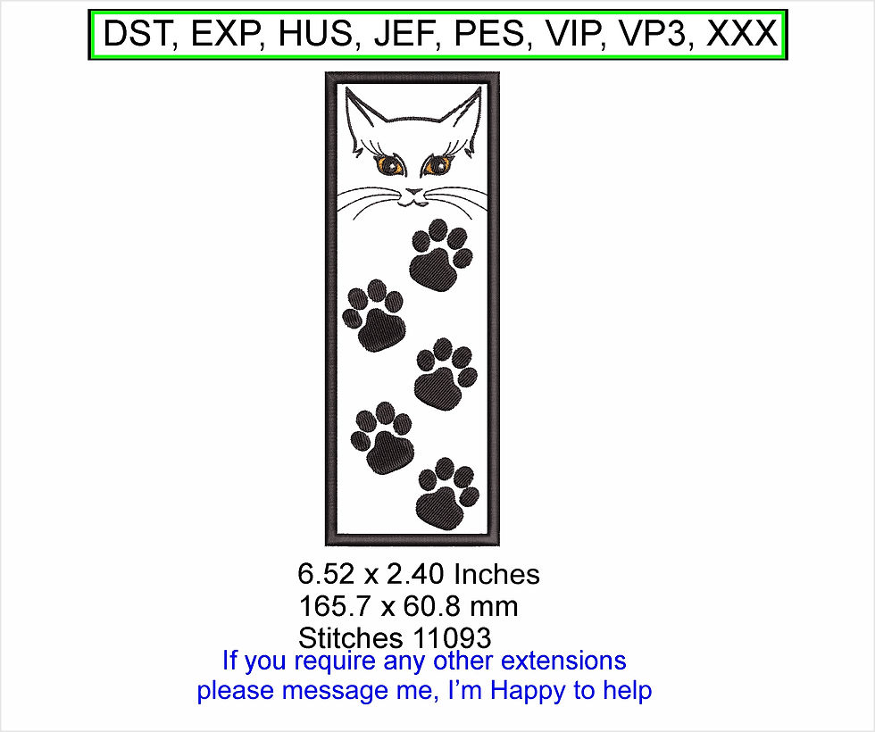 Susan the Catface Bookmark stocking filler Machine Embroider Design