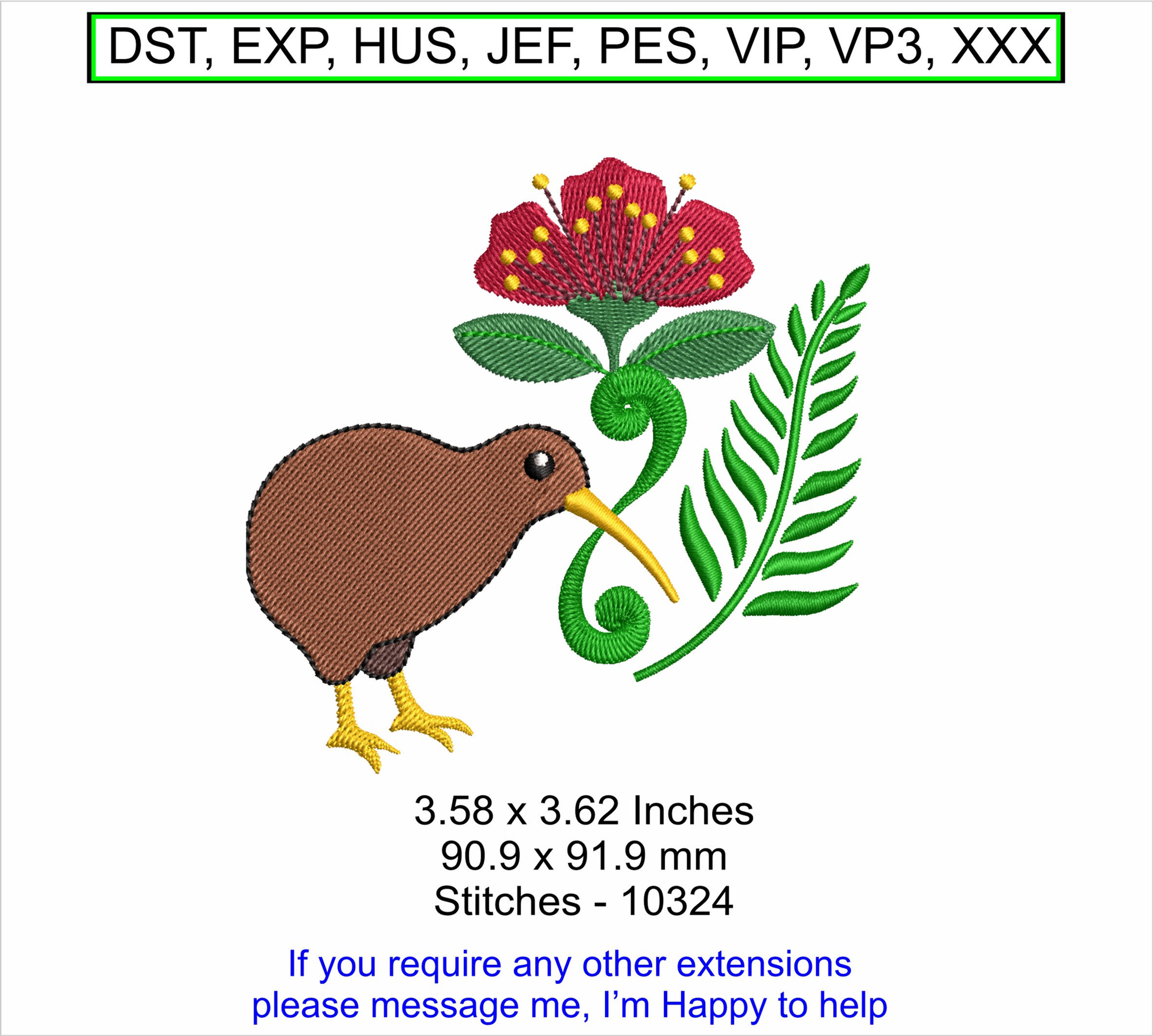 ITH NZ Brown Kiwi Pohutukawa Flower Embroidery Design ITH