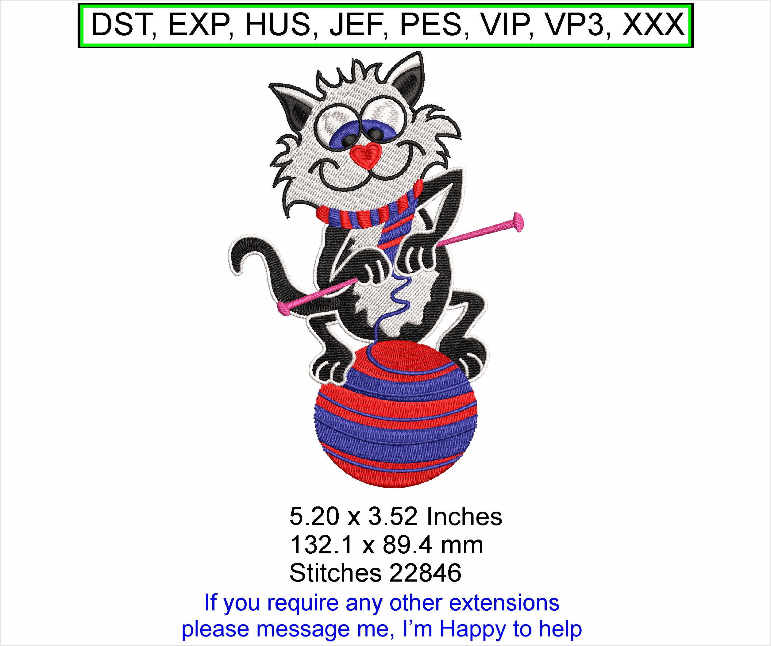 Knitting Kitty Cat on ball of wool - Large - Machine Embroidery Hoop Design ITH