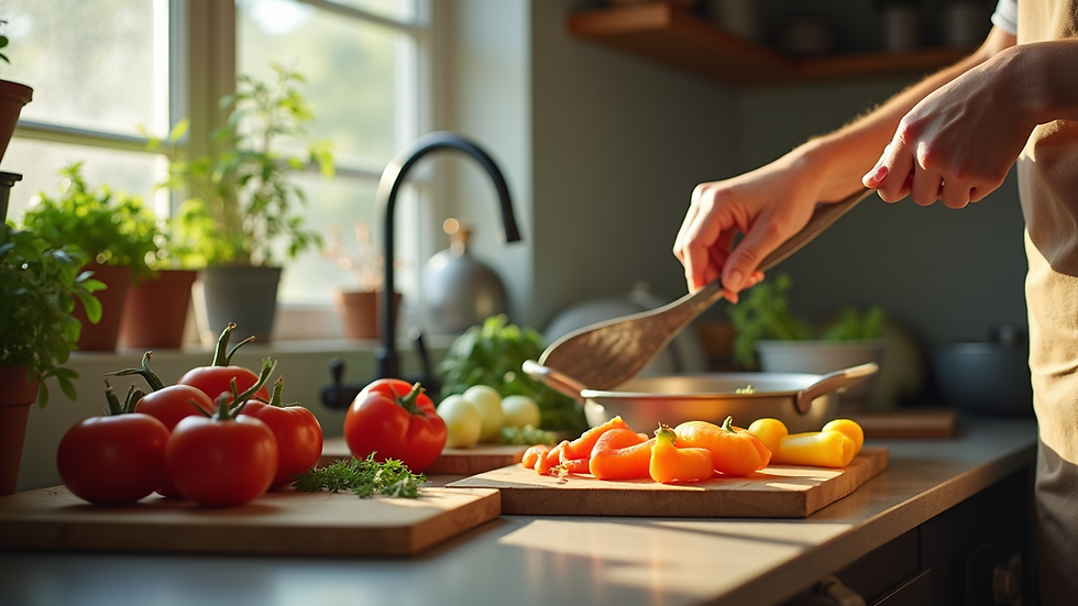 Eye-level view of a vibrant kitchen with cooking utensils and fresh ingredients
