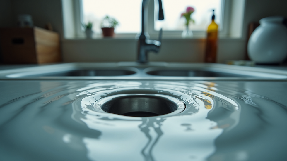 Eye-level view of water pooling around a kitchen sink drain