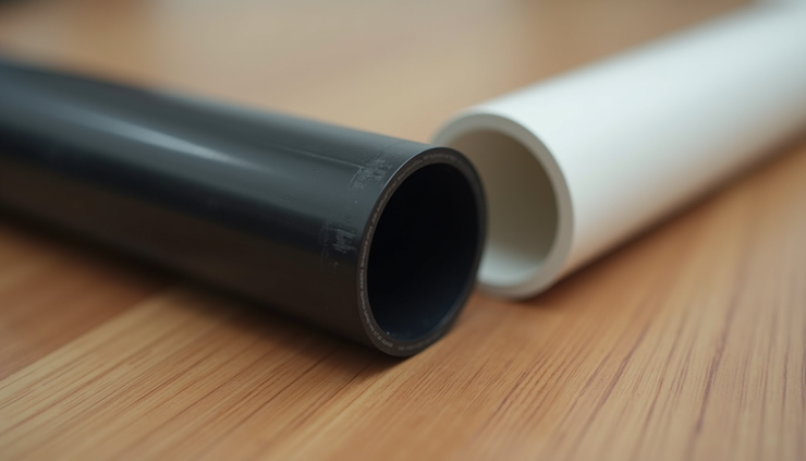 Close-up view of black ABS pipe and white PVC pipe side by side