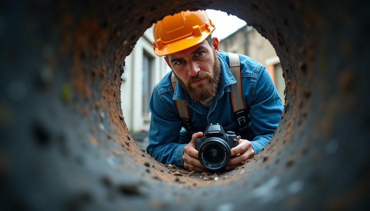 Eye-level view of a plumber inspecting a drain pipe with a camera