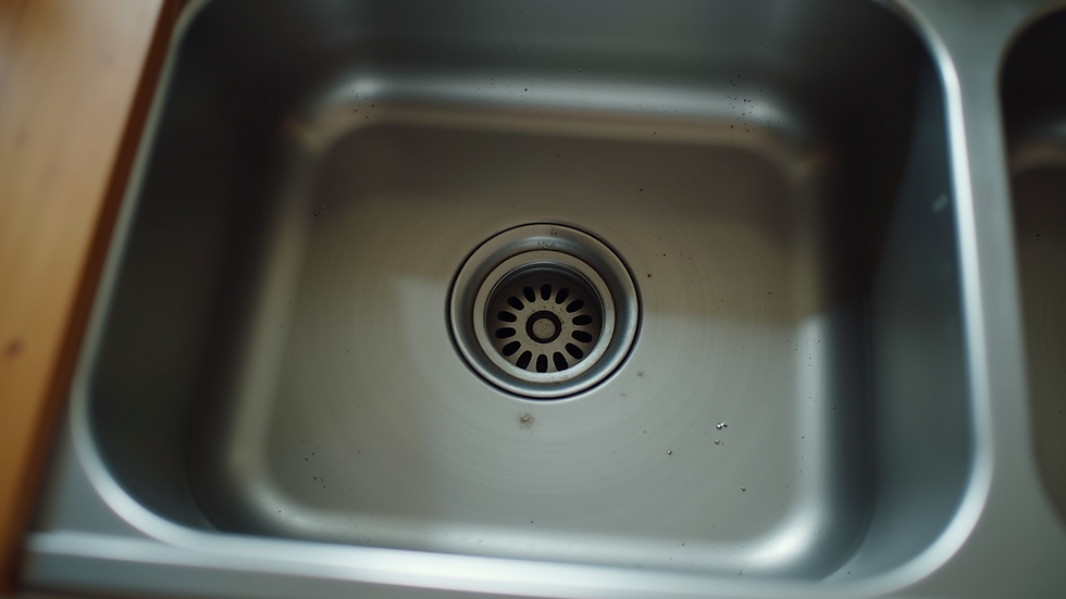 Eye-level view of a sink drainage system under the kitchen sink