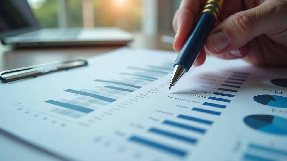 Eye-level view of a financial report with graphs and charts