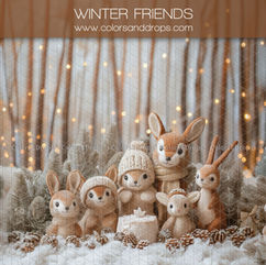 Peluche animaux, WINTER FRIENDS WWW.COINSANDDROPS.COM, scène hivernale, décors pour séance photo.