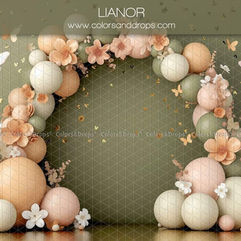 Fond photo LIANOR avec arche ballons, fleurs, papillons, Décors pour séance photo.