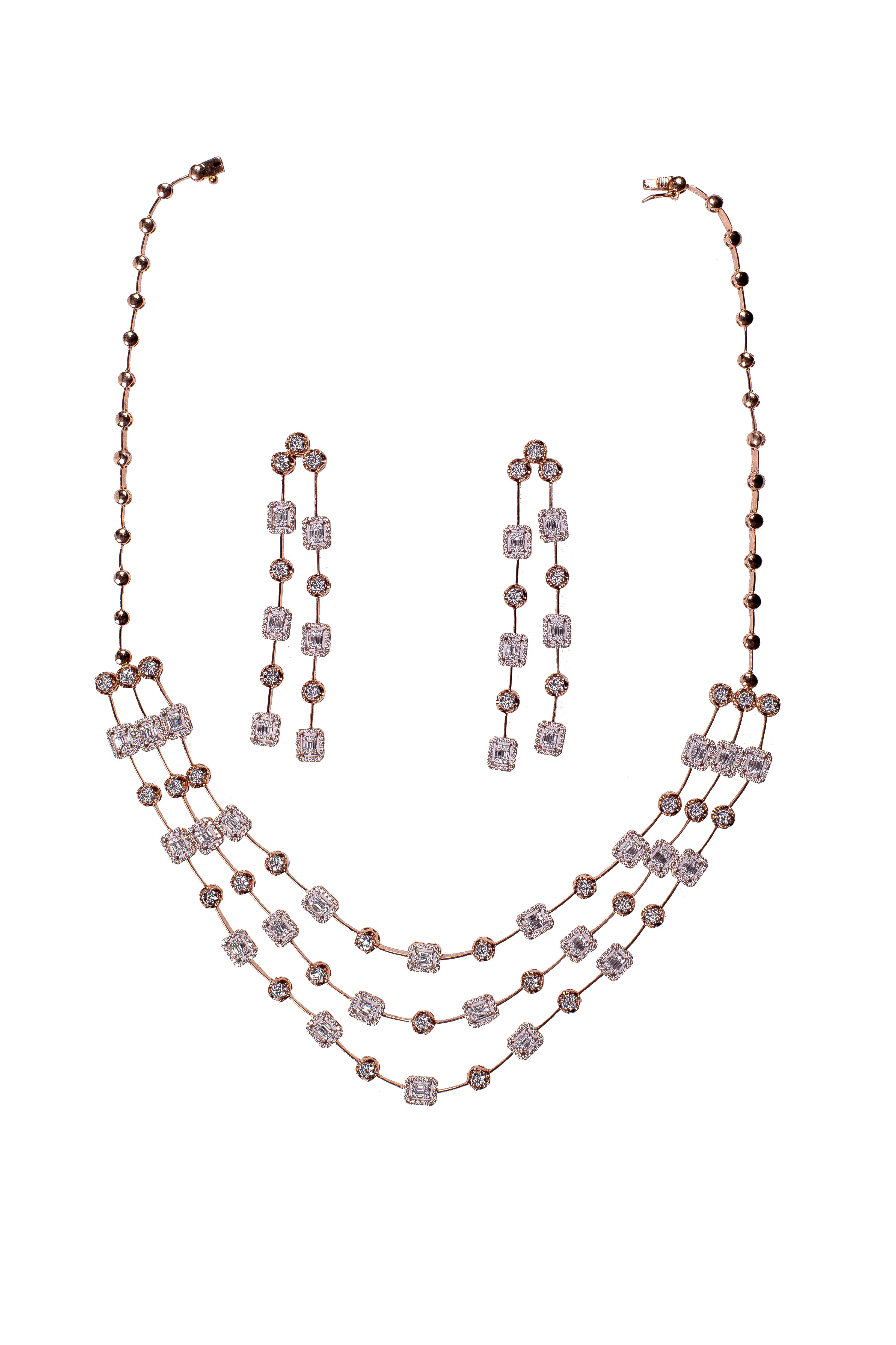 Triple Line Rose Gold Baguettes Necklace Set