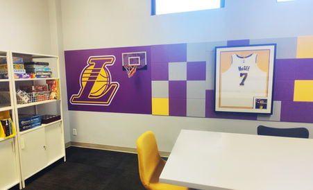 Photo of the colorful bulletin board and Lakers wall decal.