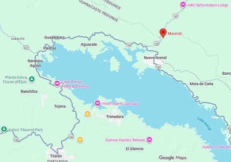 Map of Lake Arenal and surrounding towns with a location pin on Marenal