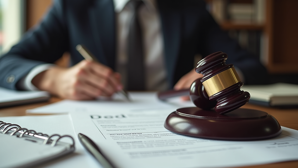 Eye-level view of a lawyer's desk with legal documents and a gavel