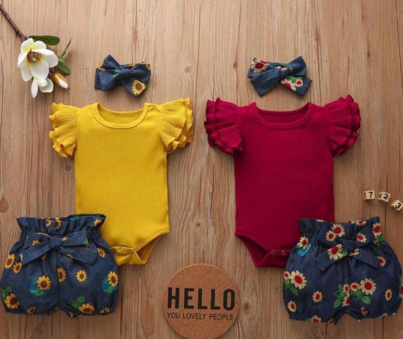 2 Sets of 3-Piece Ruffled Bodysuit with Floral Shorts & Headband for Baby Girl
