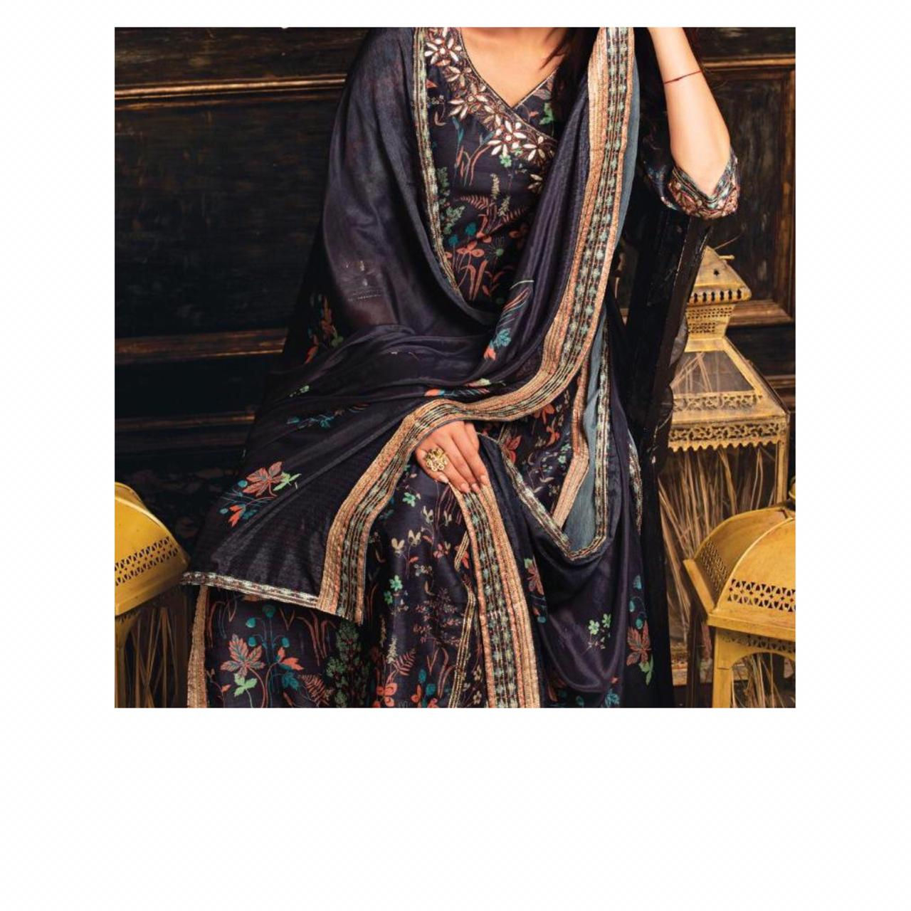 Navy Blue printed satin silk suit with angrakha style neckline