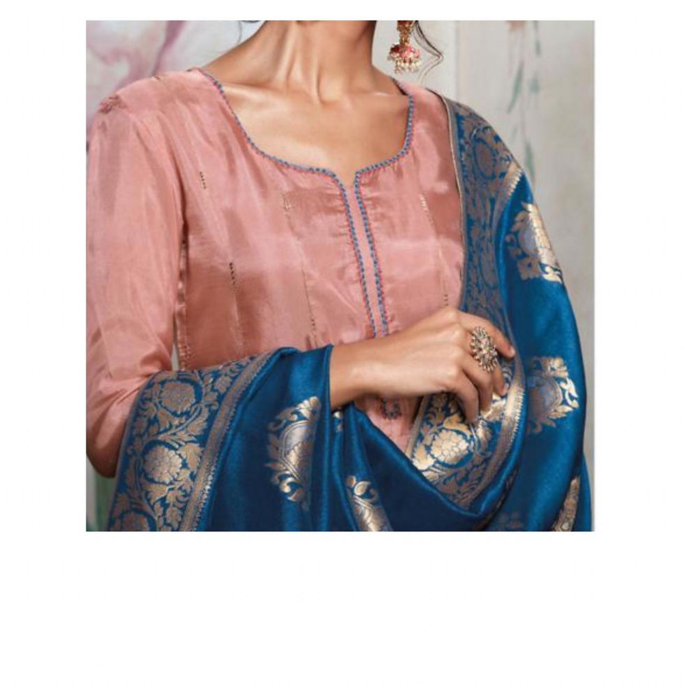Thumbnail: Elegant maheshwari silk suit with contrast banarasi silk dupatta.