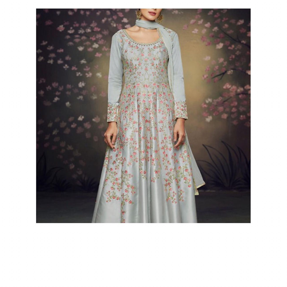 Thumbnail: Beautiful Metallic silver grey long dress with floral embroidery and net dupatta