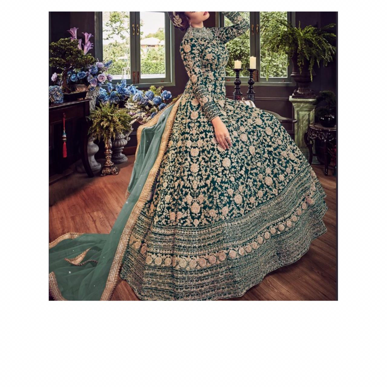 Royal Teal green heavy indo western gown with dupatta