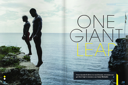 Snapshot of a magazine feature with the silhouette of two men on the edge of a cliff