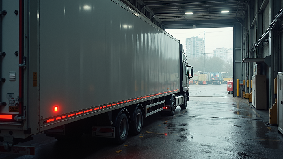 High angle view of a truck parked at a loading dock with dispatch paperwork on the side