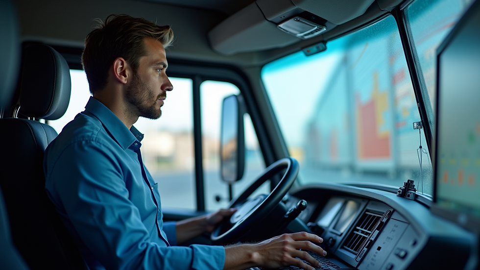 Eye-level view of a logistics dispatcher coordinating truck routes