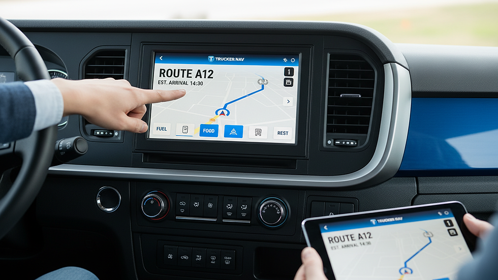 Close-up view of a truck dashboard showing GPS and route planning