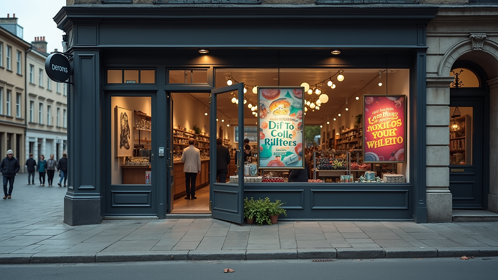 Eye-level view of a small business storefront with digital marketing posters