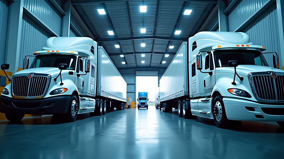 Eye-level view of a logistics warehouse with trucks lined up for loading