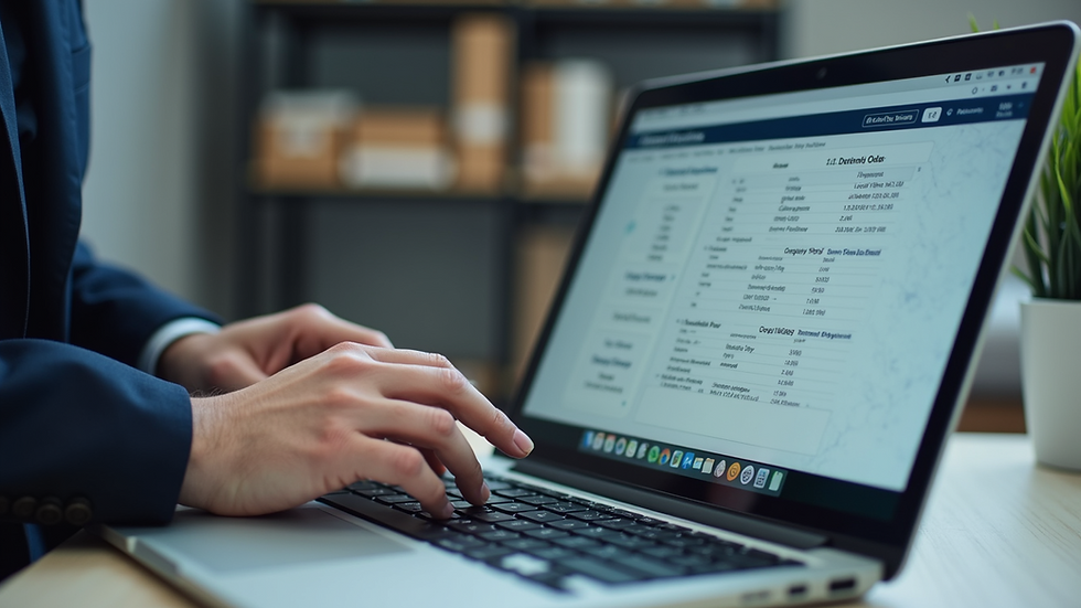 Close-up view of a logistics coordinator working on a laptop with freight schedules