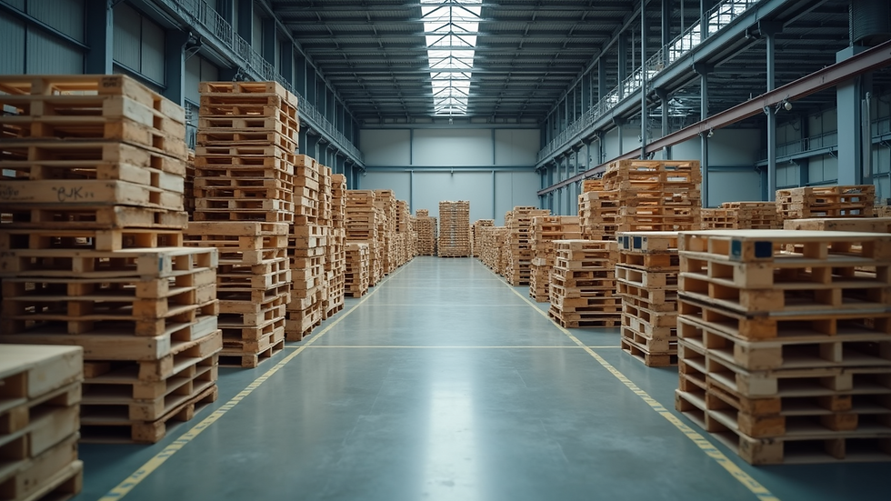 High angle view of a warehouse with stacked freight pallets