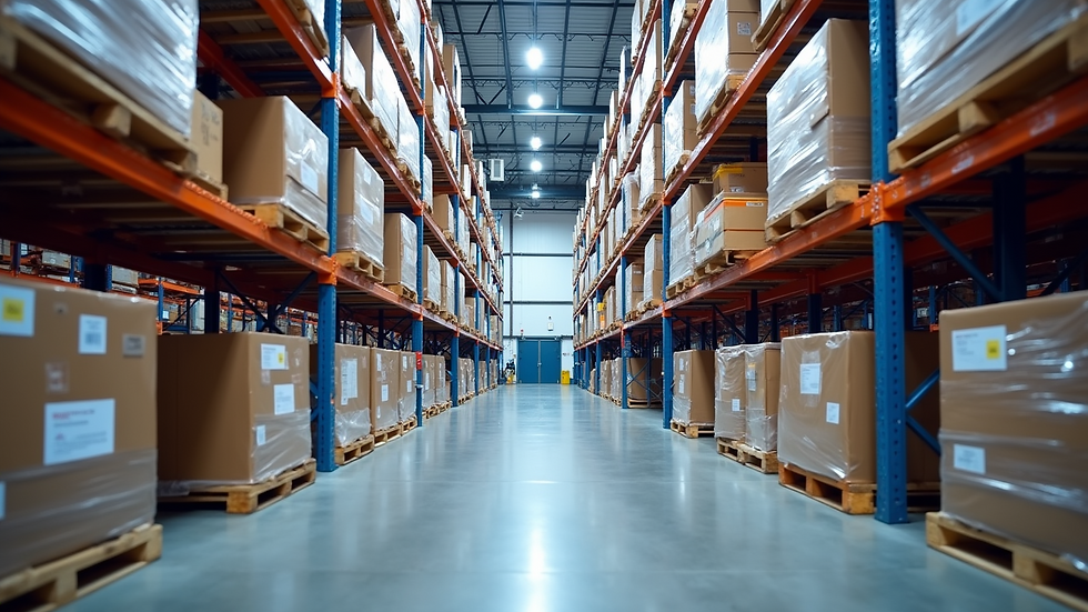 Warehouse interior with stacked pallets of boxes on metal racks. Bright lighting and polished concrete floor create a clean, organized look.