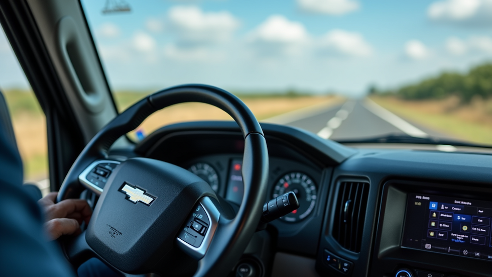 Close-up view of a truck dashboard with GPS navigation and route planning software
