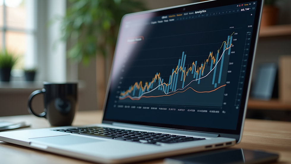Close-up view of a laptop screen showing website analytics and growth charts