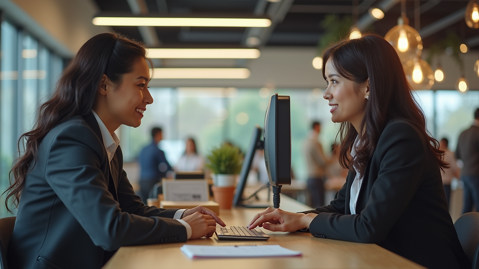 Eye-level view of a customer service representative assisting a client