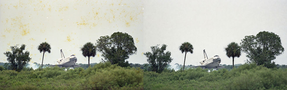 On the left is a scanned negative from my files of Space Shuttle Columbia landing in Florida in 1996. The negative has been damaged over the years by staining as a result of improper processing. I was able to use AI to correct the damage in the image on the right. Any use of this image should indicate that it has been AI repaired. (Photos by Brian Cleary/bcpix.com)
