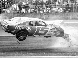 Ricky Rudd's infamous wild crash in the February 1984 NASCAR Busch Clash, at Daytona captured on 35mm black and white film by Brian Cleary/bcpix.com. 