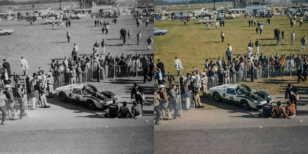On the left is a photo I took at Daytona in 1966 as an 8-year-old, on the right AI has been used to add color to the original image. Any use of the colorized image should indicate that it has been altered with AI. (photos by Brian Cleary/bcpix.com)