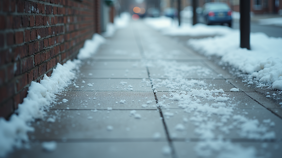 High angle view of a cleared sidewalk with salt spread on the surface