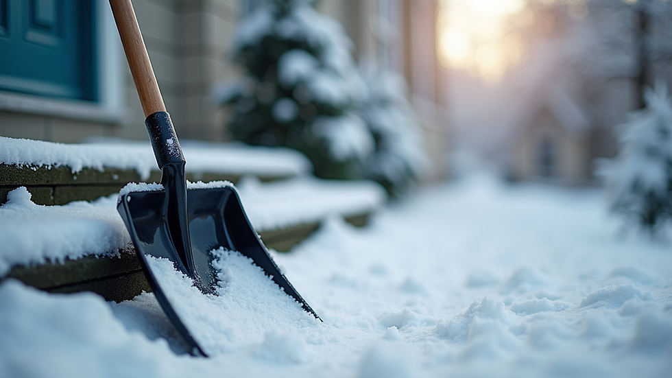 Close-up of a snow shovel resting against a snow-covered porch