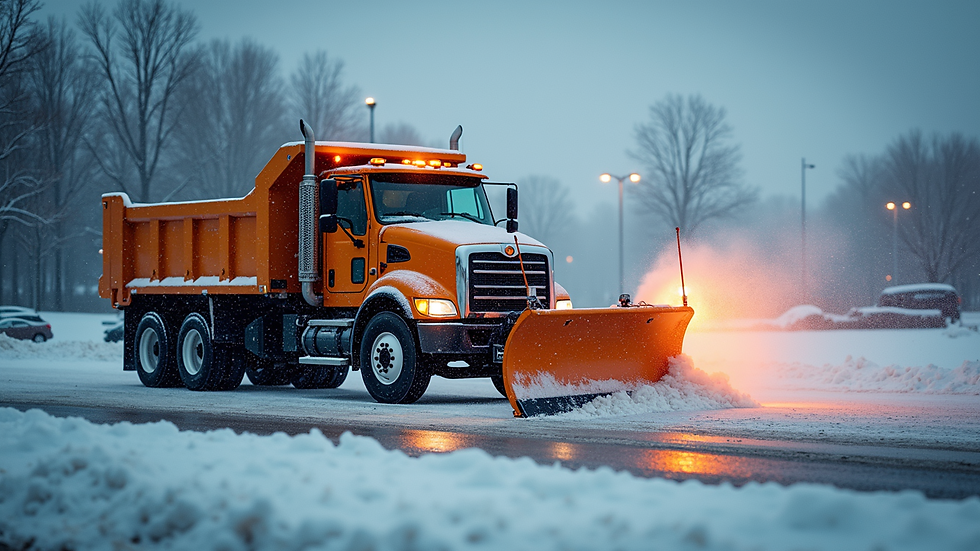 Close-up view of a professional snow plow clearing a parking lot