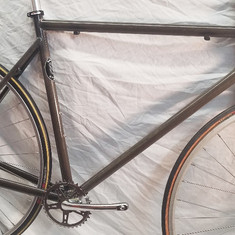 Clear coated road Frame Only, $89.00.
Simple road frame intended for rear der only, ideal 5 to 7 speed bike for fun riding. 1-1/8 main frame tubes. 54 top of seat tube, 56 effective, 73 head, 74 seat, one bottle boss, and uses one piece crank. Guides for rear brake and rear der. Takes short reach brake. Made for origin 8 track fork shown in pic and add $50 for the fork. Crank and front der version sold and not included, inquire if need crank etc.