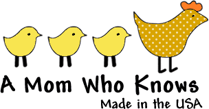 A logo for A Mom Who Knows with a simple colorful drawing of a mother chicken and her three chicks following