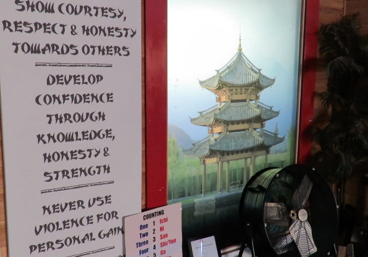 A sign on display at Sensei Daniel Spice's dojo, which reads: "Show courtesy, respect and honesty towards others. Develop confidence through knowledge, honesty and strength. Never use violence for personal gain."