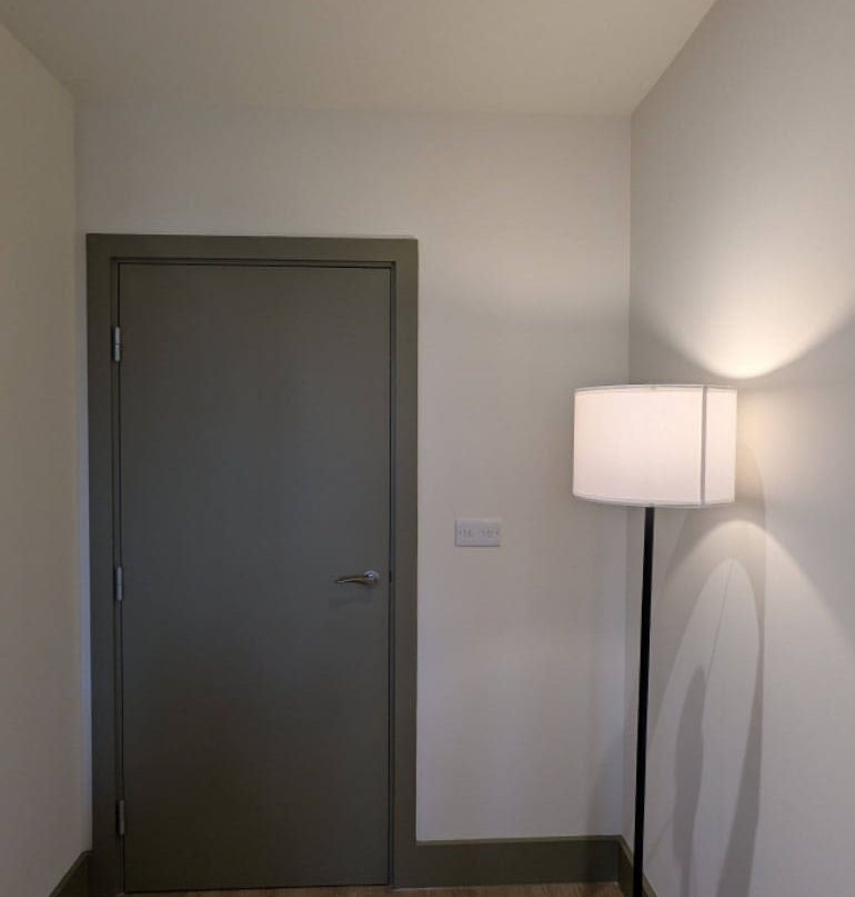 A minimalistic room corner with a closed gray door